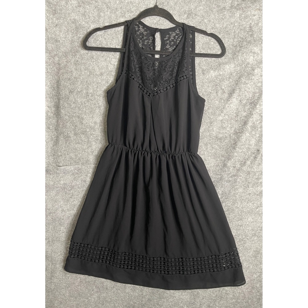 Black Lace Yoke Sleeveless Mini Dress with Crochet Hem and Keyhole Back